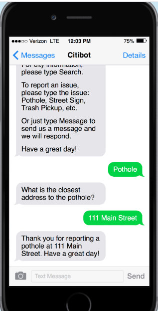 Residents can text Citibot to request service, report issues or ask a question. (WYDaily/Courtesy Citibot)