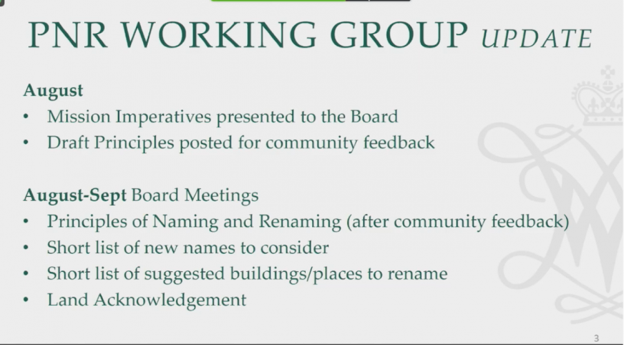 The timeline of the Principles for Naming and Renaming Group at the College of William & Mary. (WYDaily/ Screenshot courtesy of the W&M BOV)