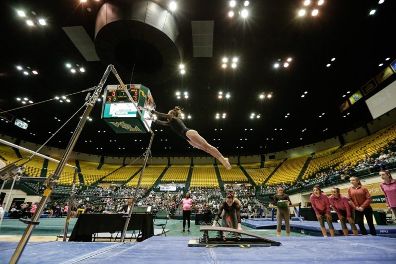 Seven W&M sports program would be cut starting in the 2021-2022 year: Men's and women's gymnastics; men's and women's swimming; men's indoor and outdoor track & field; and women's volleyball. Pictured is Mary Graceyn Gordon, 2020. (WYDaily/Courtesy of Tribe Athletics)