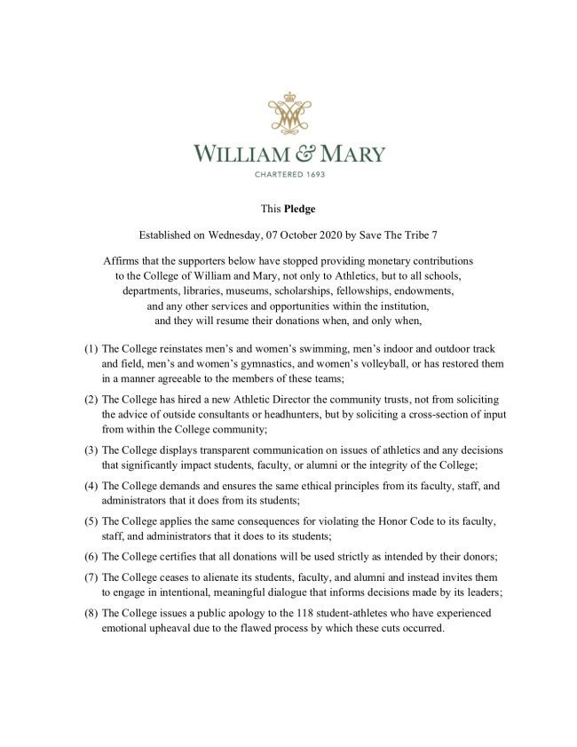 The Pledge Not to Donate has signatures of college alumni. (WYDaily/ Courtesy of David Hildebrand)