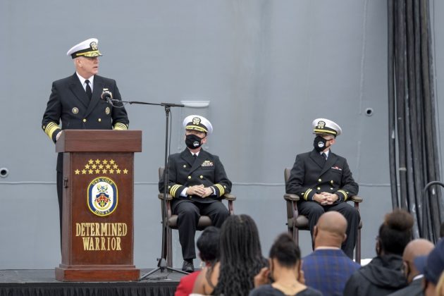 Adm. Christopher Grady, Commander, U.S. Fleet Forces Command, speaks at the Arleigh Burke-class guided missile destroyer USS Cole (DDG 67) 20th Anniversary memorial ceremony at Naval Station Norfolk. (U.S. Navy photo by Mass Communication Specialist 2nd Class Darien G. Kenney)