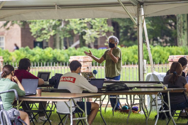Professor Carey Bagdassarian teaches a COLL 300 course in one of the new outdoor learning spaces created for the fall semester. (WYDaily/Courtesy of Jim Agnew, W&M News)