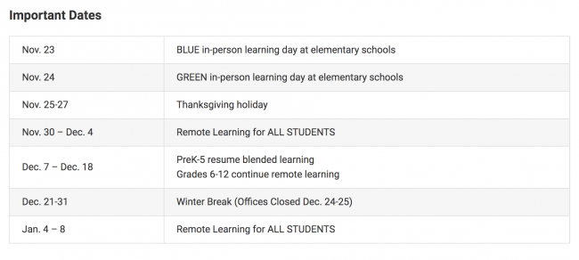 Screenshot of the WJCC Schools schedule for students during the Thanksgiving and winter breaks. (WYDaily/ Courtesy of WJCC Schools)