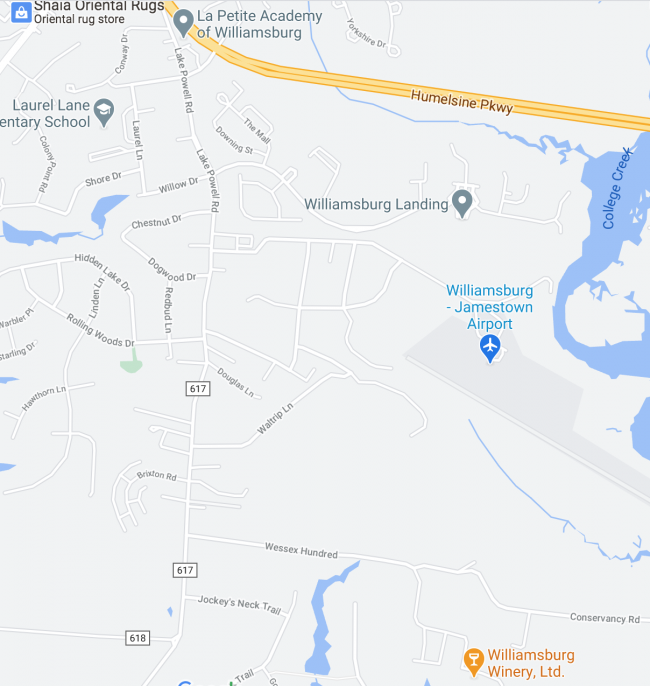 The James City County Police Department is training at a residence on Lake Powell Road near the Williamsburg-Jamestown Airport and The Williamsburg Winery. (WYDaily/ Screenshot courtesy of Google)