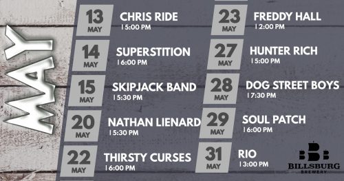 The lineup of live music at Billsburg Brewery in May.(Courtesy Billsburg Brewery)
