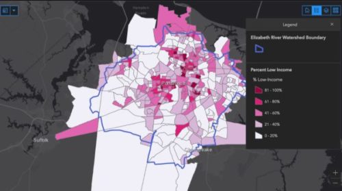 The new online tool uses social and environmental data sets to allow for holistic consideration of socio-environmental settings within the Elizabeth River watershed. ERP E.J. Tool. (Courtesy of VIMS.)