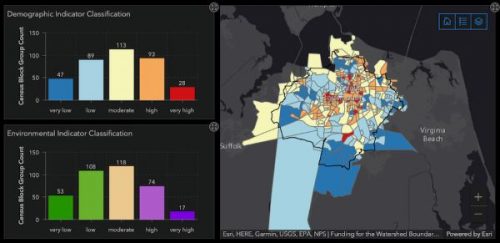 The tool's indicator layers provide scorecards that show the Census tracts with the greatest overall vulnerability due to environmental risks, demographic conditions, and hazards and toxins. (Courtesy of VIMS.)